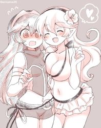 Rule 34 | 2girls, @ @, ^ ^, bikini, blush, breasts, cleavage, closed eyes, corrin (female) (fire emblem), corrin (female) (summer) (fire emblem), corrin (fire emblem), eromame, fire emblem, fire emblem awakening, fire emblem cipher, fire emblem fates, fire emblem heroes, flower, grey background, hair between eyes, hair flower, hair ornament, hairband, large breasts, lucina (fire emblem), monochrome, multiple girls, navel, nintendo, official alternate costume, open mouth, pointy ears, short shorts, shorts, simple background, small breasts, swimsuit, tiara, twitter username