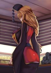 Rule 34 | 1girl, ass, back, black dress, window blinds, blonde hair, breasts, ceiling, chinese clothes, cowboy shot, dress, facing away, from behind, hat, highres, hoshara, indoors, jewelry, junko (touhou), large breasts, long hair, long sleeves, pendant, sash, scroll, solo, tabard, touhou, wide sleeves