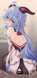 Rule 34 | 1boy, 1girl, ahoge, ass, bar censor, bare back, bare shoulders, black pantyhose, blue hair, blush, censored, cum, cum in pussy, detached sleeves, from behind, ganyu (genshin impact), genshin impact, hair between eyes, hetero, highres, horns, litsvn, long hair, looking at viewer, looking back, open mouth, pantyhose, penis, pussy, sex, solo focus, sweat, torn clothes, torn legwear, vaginal
