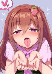 Rule 34 | blue background, blush, brown hair, cupping hands, hair between eyes, hairband, half-closed eyes, heart, heart-shaped pupils, ichigo (cookie), long hair, looking at viewer, nose blush, open mouth, own hands together, purple eyes, red hairband, renoa yu, shirt, short sleeves, simple background, sketch, spoken heart, symbol-shaped pupils, tongue, tongue out, upper body