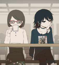 Rule 34 | 2girls, absurdres, avogado6, bench, black choker, black hair, blue shirt, bob cut, brown hair, choker, closed mouth, commentary request, couple, crossed legs, cup, dress, drinking, drinking straw, earrings, green skirt, grey eyes, grey hair, highres, holding, holding cup, holding hands, indoors, interlocked fingers, jewelry, jitome, long sleeves, medium hair, mole, mole under mouth, multicolored hair, multiple girls, on bench, original, shirt, sitting, skirt, swept bangs, table, tray, two-tone hair, white dress, yuri