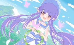 Rule 34 | 1girl, blue sky, blush, breasts, cloud, day, elf, flower, grass, hair flower, hair ornament, hair ribbon, holding, kyoka (princess connect!), landscape, lemonztea, long hair, looking at viewer, low twintails, mountain, nature, open mouth, outdoors, petals, pointy ears, princess connect!, purple hair, ribbon, scenery, sky, small breasts, solo, spring (season), twintails, very long hair, wide shot
