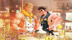 Rule 34 | 2boys, :p, absurdres, apron, arm tattoo, armpit peek, ascot, baking, bara, beard, black hair, blonde hair, blue ascot, blush, brown eyes, buttons, crave saga, dark-skinned male, dark skin, double-breasted, earrings, excalibur (crave saga), eyebrow cut, facial hair, falling feathers, feathers, forked eyebrows, goatee, highres, jewelry, kitchen, large pectorals, male focus, mature male, multiple boys, muscular, muscular male, naked apron, nipples, official alternate costume, pectorals, pouring, protagonist (crave saga), short hair, sidepec, smile, tattoo, thick eyebrows, tongue, tongue out, uk/l&#039;hdf (y83707649), veins, veiny arms, whisk, white apron, wrist cuffs, yaoi, yellow ascot