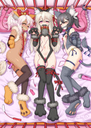 Rule 34 | 3girls, absurdres, anal, anal object insertion, anal tail, animal ear fluff, animal ears, animal hands, arms behind back, ass, bell, black hair, black legwear, blonde hair, blush, bow, breasts, brown eyes, butt plug, cat ears, cat paws, chain, chloe von einzbern, collar, commentary request, fake animal ears, fake tail, fate/kaleid liner prisma illya, fate (series), full body, fur trim, gag, grey legwear, hair between eyes, hair bow, hair ornament, hairclip, highres, huoji (wonderturkey), illyasviel von einzbern, long hair, looking at viewer, lying, medium hair, miyu edelfelt, multiple girls, navel, neglect play, nipple stimulation, object insertion, official alternate costume, on back, on side, open mouth, pillow, pink eyes, purple collar, red bow, red collar, red eyes, restrained, sex toy, small breasts, tail, thighhighs, vibrator, vibrator on nipple, white hair, yellow eyes