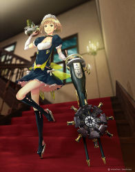 Rule 34 | 10s, 1girl, beatless, blonde hair, bow, breasts, bridal gauntlets, brown eyes, cleavage, light smile, maid, maid headdress, mariage, redjuice, satoshi hase, short hair, short sleeves, skirt, solo, stairs, tray