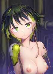 Rule 34 | 1girl, amputee, android, black hair, breasts, female focus, frown, green eyes, green hair, highres, looking at viewer, mechanical parts, medium breasts, mitake eil, multicolored hair, nipples, original, piercing, plug (piercing), short hair, signature, solo, upper body, wire