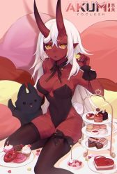 Rule 34 | 1girl, akumi (yoclesh), animal, bare shoulders, bed, black thighhighs, breasts, cake, candy, chocolate, chocolate heart, demon girl, dog, fingernails, food, fruit, hair between eyes, heart, highres, horns, large breasts, leotard, long hair, looking at viewer, macaron, oni, oni horns, original, plate, playboy bunny, pointy ears, scar, scar across eye, scar on face, sitting, solo, strawberry, thighhighs, valentine, virtual youtuber, white hair, yellow eyes, yoclesh
