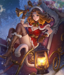 Rule 34 | 1girl, animal ears, antlers, bell, black thighhighs, blurry, boots, bow, breasts, brown eyes, brown footwear, brown hair, christmas, cleavage, commentary, deer ears, depth of field, dress, full body, fur-trimmed boots, fur-trimmed dress, fur-trimmed headwear, fur trim, gift, hat, high heel boots, high heels, highres, holding, holding bell, holding lantern, holly, horns, john law bc, lantern, long hair, looking at viewer, medium breasts, neck bell, original, red bow, red dress, red hat, santa costume, santa hat, short dress, sleigh, snow, snowing, solo, thighhighs, thighhighs under boots