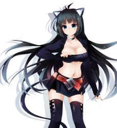 Rule 34 | 1girl, absurdres, animal ears, arm at side, bandeau, belt, black hair, black jacket, black skirt, black thighhighs, blue eyes, blue hair, blunt bangs, blush, breasts, cat ears, cleavage, clothes writing, collar, collarbone, expressionless, gradient hair, highres, jacket, large breasts, long hair, looking at viewer, matching hair/eyes, medium breasts, midriff, multicolored hair, navel, open clothes, open jacket, original, personification, skirt, sleeves past wrists, solo, standing, stomach, strapless, suzuki (company), thighhighs, tube top, uzura kazuhisa, very long hair, zettai ryouiki