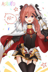Rule 34 | 1boy, absurdres, armor, armored dress, astolfo (fate), black bow, black dress, black thighhighs, bow, braid, character name, cloak, dress, eyebrows, fang, fate/apocrypha, fate/grand order, fate (series), fur-trimmed cloak, fur trim, gauntlets, gorget, hair bow, hair intakes, happy, highres, holding, holding weapon, long braid, long hair, long sleeves, male focus, mizu (dl7613), multicolored hair, open mouth, pink hair, puffy sleeves, purple eyes, simple background, single braid, smile, solo, streaked hair, thighhighs, trap, v, weapon, white background, white cloak