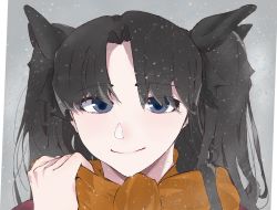 Rule 34 | 1girl, black hair, blue eyes, blush, eyes visible through hair, fate/stay night, fate (series), hair ribbon, highres, long hair, long sleeves, looking at viewer, orange scarf, ribbon, scarf, smile, snow, snowflakes, snowing, solo, tohsaka rin, twintails, two side up, user yjjj2234