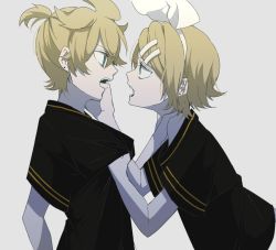 Rule 34 | 1boy, 1girl, ahoge, angry, aqua eyes, arguing, black shirt, blonde hair, bow, brother and sister, earrings, eiku, eye contact, face-to-face, finger in another&#039;s mouth, frown, hair bow, hair ornament, hairclip, hands on another&#039;s neck, jewelry, kagamine len, kagamine rin, looking at another, mouth pull, muted color, open mouth, pale skin, shirt, shirt grab, short ponytail, siblings, sketch, twins, vocaloid