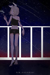 Rule 34 | artist request, bad id, bad pixiv id, barefoot, blonde hair, bow, cigarette, green eyes, hair bow, headband, holding, holding cigarette, kagamine rin, navel, short shorts, shorts, sky, smoke, solo, standing, star (sky), star (symbol), starry sky, vocaloid