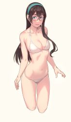 Rule 34 | 1girl, aqua eyes, aqua hairband, bare arms, bare legs, bare shoulders, bikini, black-framed eyewear, black hair, blush, breasts, cleavage, closed mouth, collarbone, cropped legs, feet out of frame, glasses, hair between eyes, hairband, halterneck, highres, kantai collection, long hair, navel, ooyodo (kancolle), simple background, smile, solo, string bikini, swimsuit, white bikini, yellow background, yuuji (and)