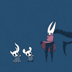 Rule 34 | 1girl, 2others, alternate form, arthropod girl, black eyes, black skin, blank eyes, blue background, blush, breasts, broken vessel (hollow knight), cloak, cloak lift, colored skin, flashing, full body, grey cloak, groin, hands up, height difference, high collar, hollow knight, hornet (hollow knight), joints, knight (hollow knight), legs, lifted by self, looking at another, monster, multiple others, no panties, nosk (hollow knight), red cloak, sakana 2-gou, shiny skin, simple background, small breasts, standing, thighs, weapon, weapon on back