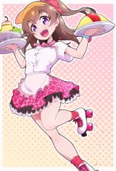 Rule 34 | 1girl, apron, bracelet, collared shirt, commentary request, delicious party precure, food, frilled apron, frilled skirt, frills, hair ribbon, hat, holding, holding tray, jewelry, leg up, looking at viewer, medium hair, miniskirt, nagomi yui, neck ribbon, omelet, omurice, open mouth, orange hat, partial commentary, pink ribbon, pink skirt, plaid, plaid skirt, precure, pudding, purple eyes, red socks, ribbon, roller skates, ryuuta (cure ryuuta), shirt, short sleeves, skates, skirt, smile, socks, solo, standing, standing on one leg, tray, two side up, visor cap, waist apron, waitress, white apron, white footwear, white shirt