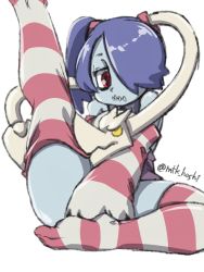 Rule 34 | 1girl, blue hair, blue skin, bottomless, colored skin, covering crotch, covering privates, detached sleeves, hair over one eye, highres, leg up, leviathan (skullgirls), mtk hoshi, red eyes, side ponytail, sitting, skullgirls, solo, spread legs, squigly (skullgirls), striped clothes, striped sleeves, striped thighhighs, thighhighs, white background, zombie