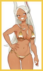 Rule 34 | 1girl, :d, animal ears, bare shoulders, bikini, blush, boku no hero academia, border, breasts, cleavage, collarbone, dark-skinned female, dark skin, female focus, flowers-imh, gluteal fold, gold bikini, grin, hand on own hip, highres, large breasts, long eyelashes, long hair, looking to the side, mirko, navel, open mouth, parted bangs, rabbit ears, rabbit girl, red eyes, side-tie bikini bottom, smile, solo, stomach, swimsuit, teeth, thighs, toned, white background, white hair, yellow border