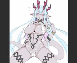 Rule 34 | 1girl, aqua hair, areola slip, armlet, bare shoulders, bikini, blush, bracelet, breast curtains, breasts, cameltoe, cleavage, colored skin, earrings, eyeliner, fate/grand order, fate (series), grey skin, hair between eyes, highres, horns, ibuki douji (fate), ibuki douji (third ascension) (fate), jewelry, large breasts, long hair, looking at viewer, makeup, multicolored hair, navel, neck ring, oni, open mouth, pink hair, pointy ears, red eyes, senbei (avocadochaya), sidelocks, swimsuit, tail, thighs, white bikini
