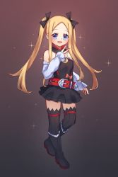 Rule 34 | 1girl, abigail williams (fate), bare shoulders, black bow, black dress, black footwear, black thighhighs, blonde hair, blue eyes, blush, boots, bow, breasts, cosplay, detached collar, dress, fate/grand order, fate (series), forehead, full body, gradient background, hair bow, helena blavatsky (fate), helena blavatsky (fate) (cosplay), highres, knee boots, long hair, long sleeves, looking at viewer, miya (miyaruta), open mouth, parted bangs, short dress, small breasts, smile, solo, thighhighs, thighs, twintails