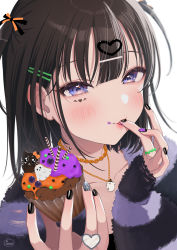 Rule 34 | 1girl, black hair, blush, cat, collarbone, cupcake, eating, finger in own mouth, food, ghost, hair between eyes, hair ornament, hairclip, heart, heart in eye, highres, jewelry, looking at viewer, nail polish, necklace, original, purple eyes, ring, signature, symbol in eye, tsukana (saba mizore)