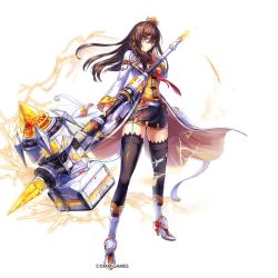Rule 34 | 1girl, adjusting eyewear, black thighhighs, blue eyes, boots, brown hair, commentary request, copyright name, detached sleeves, electricity, full body, glasses, hair ornament, hammer, holding, kamihime project, long coat, long hair, long sleeves, looking at viewer, miniskirt, necktie, official art, original, red necktie, simple background, skirt, standing, thighhighs, weapon, white background, zettai ryouiki