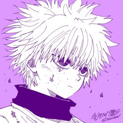 Rule 34 | 1boy, 302now, child, expressionless, highres, hunter x hunter, killua zoldyck, male focus, portrait, purple background, short hair, signature, simple background, solo, upper body, white hair
