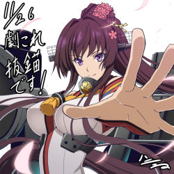 Rule 34 | 10s, 1girl, arched back, breasts, brown hair, cherry blossoms, dated, detached sleeves, flower, glowing, glowing eyes, h-new, hair flower, hair ornament, headgear, kantai collection, long hair, looking at viewer, medium breasts, oil-paper umbrella, outstretched arm, outstretched hand, perspective, ponytail, smile, solo, umbrella, upper body, very long hair, yamato (kancolle)