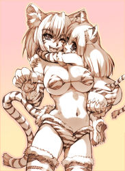 Rule 34 | 2girls, animal ears, animal hands, bikini, bikini top only, breasts, cameltoe, cat ears, cat tail, cleavage, elbow gloves, fang, fur, gloves, hisahiko, hug, large breasts, micro bikini, monochrome, multiple girls, one eye closed, paw shoes, swimsuit, tail, thighhighs, wink