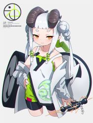 Rule 34 | 1girl, bare shoulders, bike shorts, black shorts, blush, brown eyes, child, closed mouth, collarbone, commentary request, cropped legs, curled horns, double bun, dress, electricity, green shirt, grey background, hair bun, highres, horns, jacket, kuro kosyou, long hair, long sleeves, looking at viewer, off shoulder, open clothes, open jacket, original, shirt, short eyebrows, short shorts, shorts, silver hair, simple background, sleeves past wrists, smile, solo, thick eyebrows, tomoe (symbol), twintails, white dress, white jacket