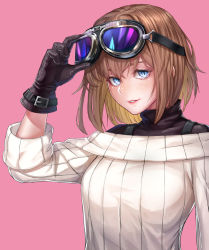 Rule 34 | 1girl, bad id, bad pixiv id, blue eyes, brown hair, fusante, gloves, goggles, goggles on head, highres, layered clothes, lips, looking at viewer, off shoulder, original, ribbed sweater, short hair, simple background, solo, sweater, turtleneck, upper body