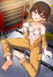 Rule 34 | 1girl, barefoot, blush, breasts, brown eyes, brown hair, cleavage, collarbone, feet, full body, girls und panzer, highres, jumpsuit, looking at viewer, megadeko, navel, open mouth, shiny skin, short hair, sitting, small breasts, smile, soles, solo, sweat, tank top, toes, tsuchiya (girls und panzer), white tank top