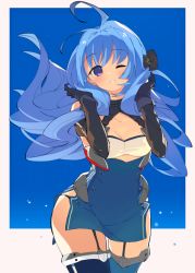 Rule 34 | 1girl, ahoge, azur lane, blue hair, blush, breasts, cowboy shot, garter straps, grin, helena (azur lane), long hair, looking at viewer, naoya come, one eye closed, purple eyes, simple background, smile, solo, thighhighs, thighs