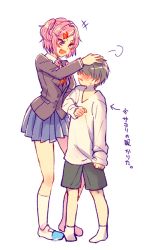 Rule 34 | 1boy, 1girl, puff of air, aged down, arrow (symbol), black shorts, blazer, blouse, blue skirt, blush, brown hair, brown jacket, child, clenched hand, collared shirt, doki doki literature club, dress shirt, embarrassed, fang, full-face blush, full body, hand on another&#039;s head, hand up, height difference, jacket, kneehighs, laughing, long sleeves, natsuki (doki doki literature club), neck ribbon, open mouth, oversized clothes, oversized shirt, pink hair, pleated skirt, protagonist (doki doki literature club), purple eyes, red ribbon, ribbon, shirt, shoes, shorts, simple background, skirt, smug, socks, sora (efr), sweatdrop, tall female, translation request, tsurime, uwabaki, white background, white footwear, white shirt, white socks, wing collar