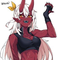 Rule 34 | 1girl, akumi (yoclesh), bidortw, blue tongue, braid, breasts, cleavage, colored skin, colored tongue, commentary, crop top, cross scar, crown braid, demon girl, demon horns, earrings, english commentary, facial scar, fangs, fingerless gloves, fingernails, gloves, highres, hoop earrings, horns, indie virtual youtuber, jewelry, medium breasts, midriff, open mouth, orange eyes, pointy ears, red skin, scar, scar on arm, scar on breasts, scar on cheek, scar on chest, scar on face, scar on shoulder, scar on stomach, sharp fingernails, skin-covered horns, smile, solo, twitter username, upper body, virtual youtuber, white hair