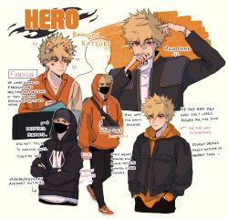 Rule 34 | 1boy, alternate costume, alternate universe, animal ears, artist name, bakugou katsuki, black headwear, black hoodie, black jacket, black mask, black pants, blonde hair, boku no hero academia, cat ears, character name, closed mouth, commentary, covered mouth, crossed arms, drawstring, english commentary, english text, hands in pockets, hat, heart, highres, holding, holding microphone, holding phone, hood, hood up, hoodie, jacket, jewelry, layered sleeves, long sleeves, looking at viewer, male focus, mask, microphone, mouth mask, multiple views, orange footwear, orange hoodie, orange shirt, pants, phone, print hoodie, red eyes, ring, rokitokkii, shirt, shoes, short hair, signing, simple background, smile, spiked hair, standing, white background