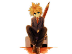 Rule 34 | 1boy, bad id, bad pixiv id, blonde hair, eraser, formal, highres, hirobakar, kagamine len, loafers, male focus, mini person, miniboy, necktie, oversized object, pencil, red necktie, shoes, sitting, solo, suit, vocaloid, wooden pencil
