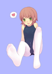 Rule 34 | 1boy, androgynous, bad id, bad pixiv id, blush, brown hair, bulge, covered erect nipples, crossdressing, erection, erection under clothes, feet, foot focus, green eyes, heart, highres, looking at viewer, male focus, no shoes, one-piece swimsuit, original, pantyhose, pantyhose under swimsuit, school swimsuit, simple background, sitting, smile, solo, spoken heart, swimsuit, trap, tsubasa tsubasa, white pantyhose