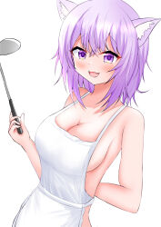 Rule 34 | 1girl, absurdres, animal ears, apron, arm behind back, blush, breasts, cat ears, cat girl, cleavage, highres, hololive, kai-yo, large breasts, looking at viewer, medium hair, naked apron, nekomata okayu, open mouth, purple eyes, purple hair, smile, solo, virtual youtuber, white apron, white background