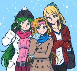 Rule 34 | 3girls, akairiot, aqua eyes, bag, beanie, belt, black bag, blonde hair, blue background, blue eyes, blue scarf, breasts, christmas, coat, collarbone, contemporary, crossed arms, dress, fingerless gloves, gloves, green eyes, green hair, hat, highres, jacket, kid icarus, kid icarus uprising, large breasts, long hair, long sleeves, looking at viewer, metroid, mole, mole under mouth, multiple girls, nintendo, open clothes, open coat, open jacket, palutena, parted lips, pink scarf, pointy ears, ponytail, princess zelda, red jacket, samus aran, scarf, simple background, smile, snowing, super smash bros., sweater, swept bangs, the legend of zelda, the legend of zelda: a link between worlds, tiara, v, very long hair, white background, white coat, winter clothes