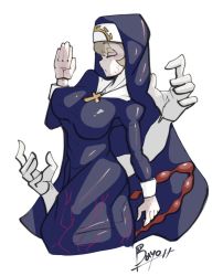 Rule 34 | 1girl, bayonetto, breasts, cross, cross necklace, double (skullgirls), extra arms, from side, habit, hand up, highres, jewelry, large breasts, monster girl, necklace, nun, skullgirls, solo, veins, white background
