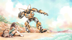 Rule 34 | 1boy, 1girl, autobot, bag, beach, blue eyes, blue sky, bookbag, brown hair, bumblebee (film), bumblebee (transformers), charlie watson, commentary, english commentary, highres, holding, holding rock, looking at another, mecha, ocean, outstretched arm, robot, rock, science fiction, shoes, shore, shorts, sitting, sky, transformers, transformers (live action), wristband, xiangbei zhinan