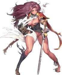 Rule 34 | 1girl, areola slip, black thighhighs, broken, broken sword, broken weapon, dark-skinned female, dark skin, debris, defeat, full body, game cg, gloves, highres, injury, kakiman, knight, last origin, long hair, looking at viewer, low-tied long hair, navel, nipples, official art, open mouth, pelvic curtain, prester johanna, red eyes, red hair, sandals, shield, solo, sweat, sword, tabard, tachi-e, thighhighs, torn clothes, torn footwear, torn thighhighs, transparent background, weapon