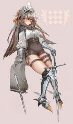 Rule 34 | 1girl, absurdres, arknights, armored boots, black cloak, black shorts, blush, boots, breasts, brown background, brown eyes, character request, check character, cloak, commentary request, fartooth (arknights), gauntlets, grey hair, hair between eyes, hand on hilt, highres, kaguura (kagu), knee boots, long sleeves, medium breasts, parted lips, puffy long sleeves, puffy sleeves, shirt, short shorts, shorts, simple background, solo, sword, visor (armor), weapon, white shirt