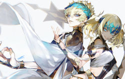 Rule 34 | 1boy, 1girl, arm guards, armlet, armor, au (d elete), black shirt, blonde hair, blue eyes, bracelet, breasts, bridal gauntlets, brother and sister, castor (fate), closed mouth, collar, diadem, expressionless, fate/grand order, fate (series), grin, jewelry, medium hair, metal collar, pauldrons, pollux (fate), robe, shirt, short hair, shoulder armor, siblings, signature, simple background, small breasts, smile, twins, white background, white robe