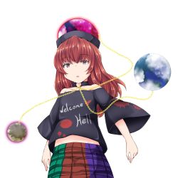 Rule 34 | 1girl, absurdres, chain, clothes writing, earth (ornament), haruto (hirokazu1001), hecatia lapislazuli, highres, moon (ornament), multicolored clothes, multicolored skirt, open mouth, red eyes, red hair, skirt, solo, touhou, transparent background