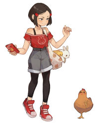 Rule 34 | 1girl, animal, bird, black hair, black pantyhose, bob cut, cellphone, chick, chicken, female focus, full body, hair ornament, high-waist shorts, highres, holding, holding phone, leggings, leggings under shorts, off shoulder shirt, original, pantyhose, phone, rabbit, red shirt, shirt, short hair, shorts, simple background, smartphone, smile, solo, sui (suizilla), white background