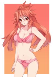 Rule 34 | 10s, 1girl, :o, amou kanade, arm at side, bad id, bad pixiv id, bare arms, bare legs, bare shoulders, bikini, blush, border, bra, breasts, chestnut mouth, cleavage, collarbone, female focus, gradient background, groin, hair between eyes, hand on own hip, large breasts, legs, lingerie, long hair, looking at viewer, midriff, navel, neck, orange background, orange eyes, outline, panties, pink bra, pink panties, red background, red hair, senki zesshou symphogear, serious, solo, swimsuit, underwear, underwear only, white border, yoi naosuke