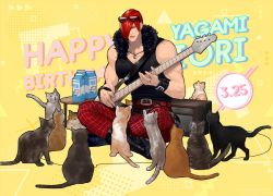 Rule 34 | 1boy, animal, bass guitar, cat, character name, choker, dated, english text, eyewear on head, hair over one eye, happy birthday, indian style, instrument, jacket, jewelry, looking at viewer, male focus, muscular, muscular male, necklace, pants, red eyes, short hair, sitting, sleeveless, snk, solo, sunglasses, the king of fighters, the king of fighters &#039;95, yagami iori, yaka (kk1177), yellow background