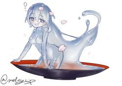 Rule 34 | 1girl, :d, akira (meltyhip), blush, cherry blossoms, colored sclera, colored skin, completely nude, cup, grey eyes, grey hair, grey sclera, grey skin, in container, in cup, looking at viewer, mini person, minigirl, monster girl, nude, open mouth, original, petals, sakazuki, slime girl, smile, solo, spill, twitter username